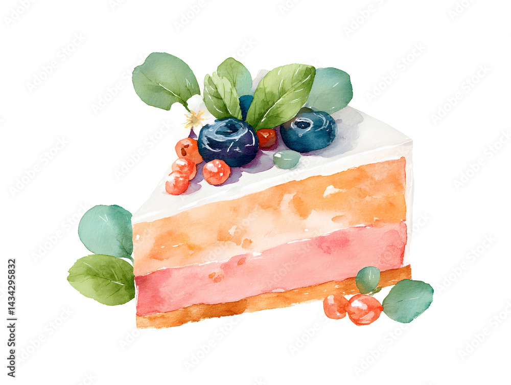 A slice of cake with blueberries and raspberries on top