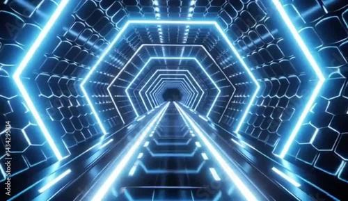 Wormhole Tunnel – Pulsing Blue Energy Strips & Liquid-Metal Hexagons with Holographic Glyphs in Loop