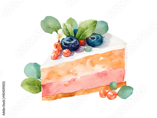 Obraz na płótnie A slice of cake with blueberries and raspberries on top w salonie