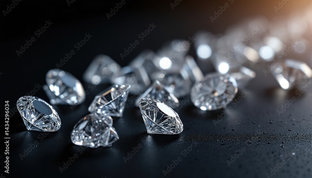 Shiny diamonds on black background. Sparkling precious gemstones, clear facets reflect light. Luxury jewelry, wealth, success, engagement ring, expensive gift, brilliance, elegant design. Shiny diamonds on black background. Sparkling precious gemstones, clear facets reflect light. Luxury jewelry, wealth, success, engagement ring, expensive gift, brilliance, elegant design.