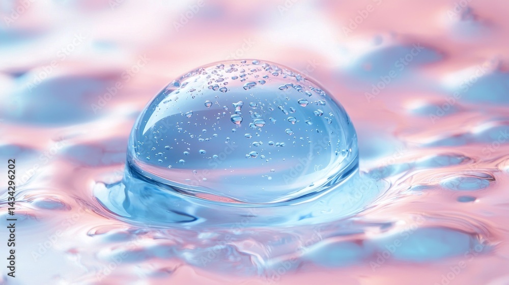 A clear sphere of water sits on top of a pinkish blue surface A clear sphere of water sits on top of a pinkish blue surface