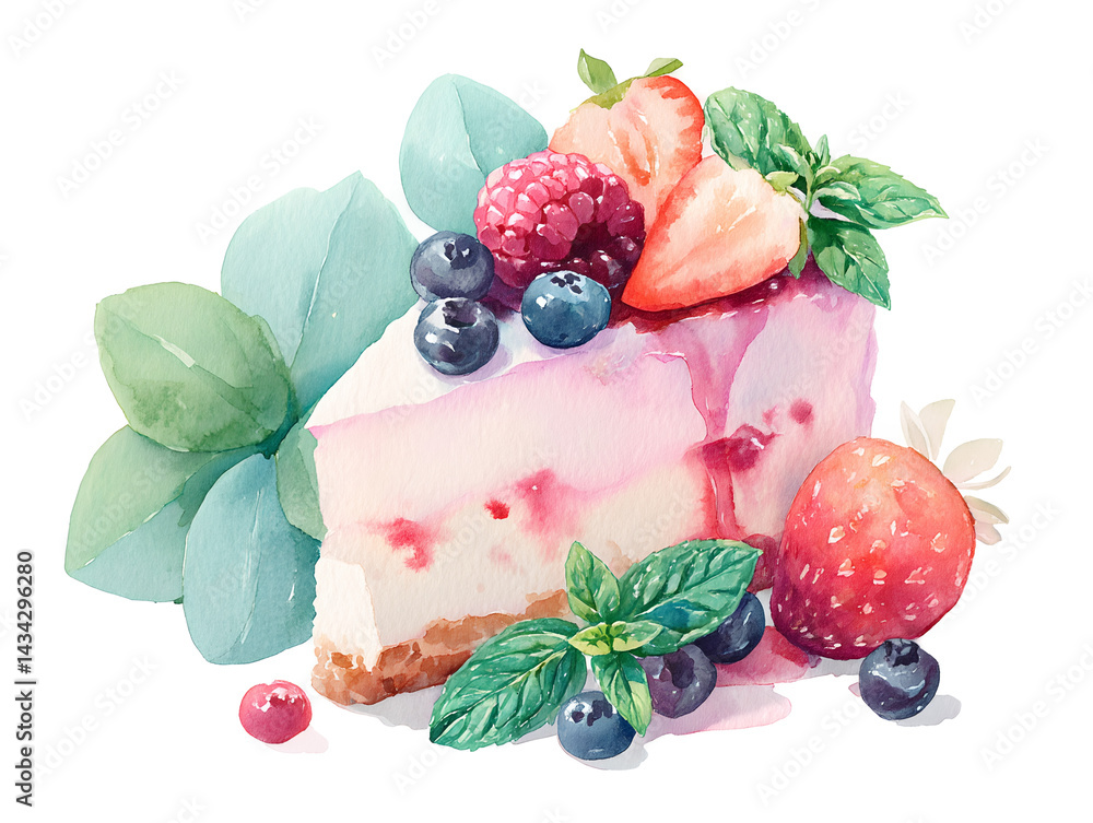 A slice of cake with strawberries, blueberries, and mint leaves