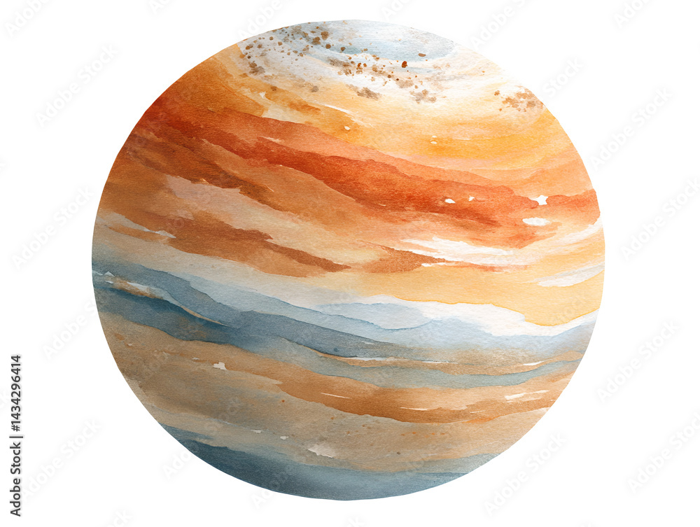 A watercolor painting of a large planet with a blue and orange swirl