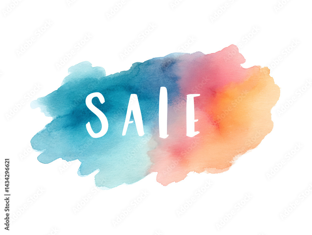 A colorful watercolor painting with the word Sale written in white