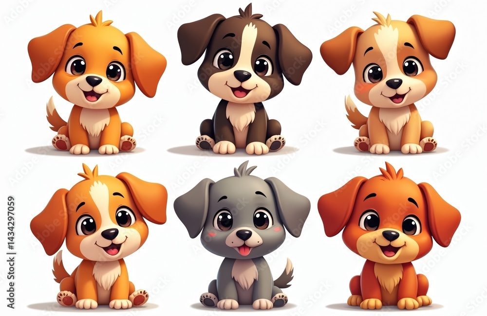 Obraz premium Charming cartoon puppies with unique coat colors expression. Friendly dogs smiling with happy, joyful faces. Adorable puppy illustrations suitable for kids, pet lovers, family, posters stickers.