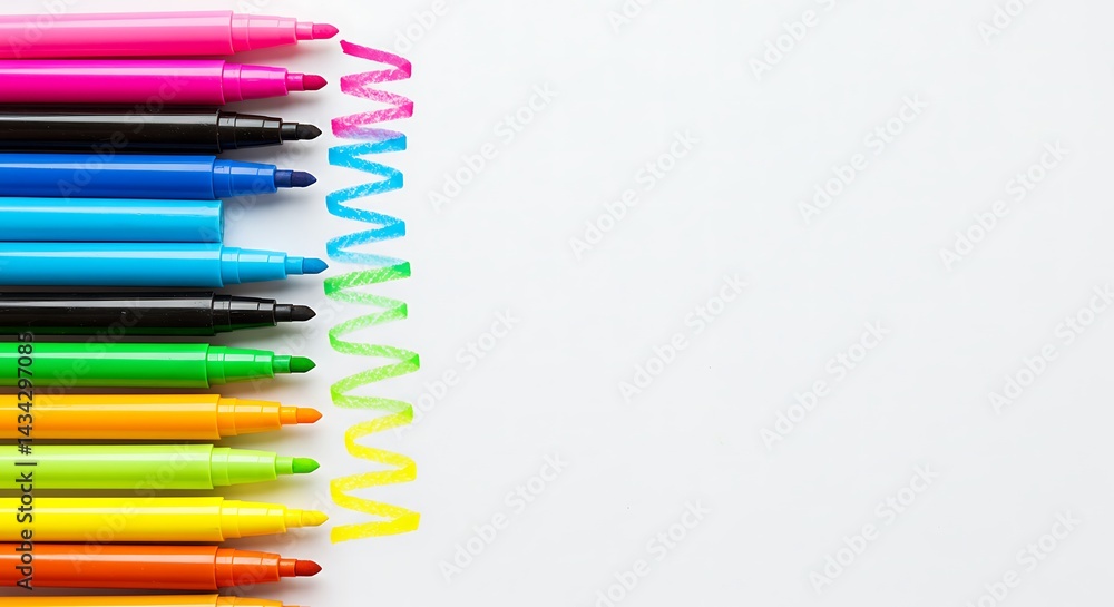 Fototapeta premium Vibrant Rainbow Colored Markers with Matching Squiggle Lines on