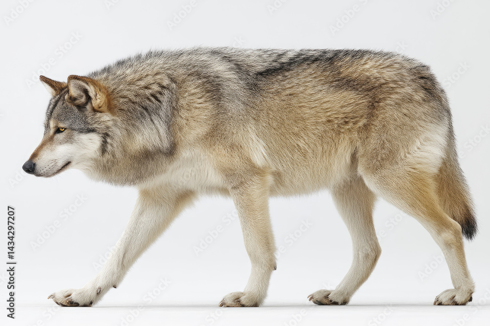 Fototapeta premium Majestic wolf walking gracefully across a plain white background, showcasing natural elegance