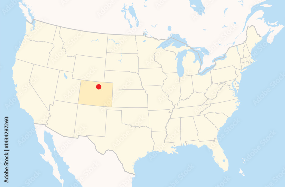 Fototapeta premium Location Map of the city Longmont in Colorado, USA. The state is marked orange and the city is highlighted with a red dot. No labels at all.