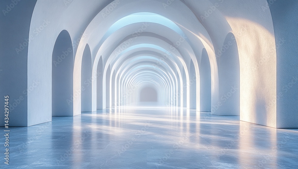 Empty, arched passageway with soft light and polished floor. Empty, arched passageway with soft light and polished floor.