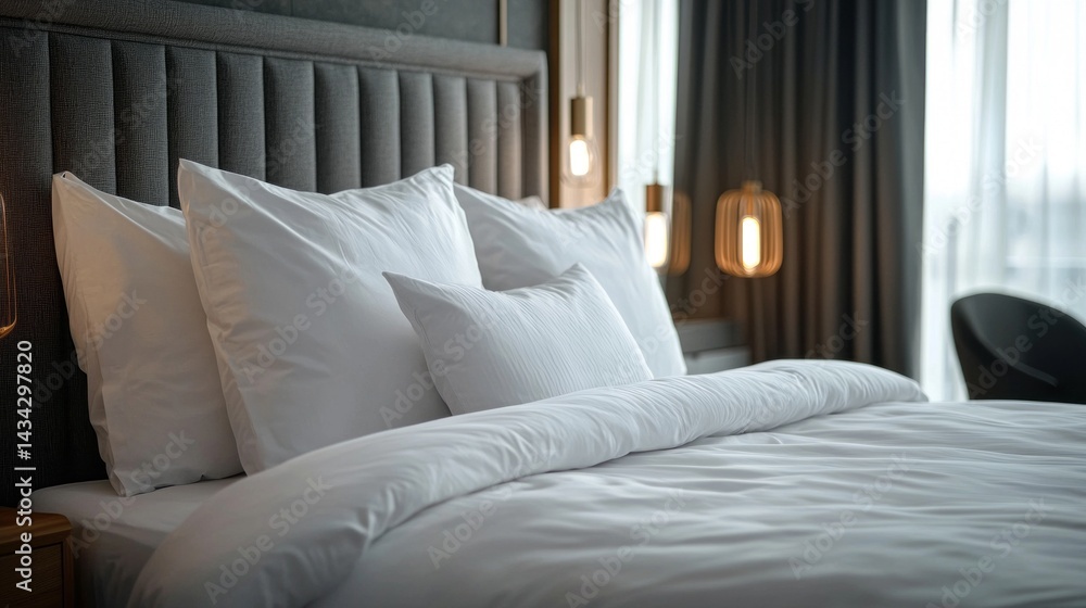 A bed with white pillows and a white comforter A bed with white pillows and a white comforter