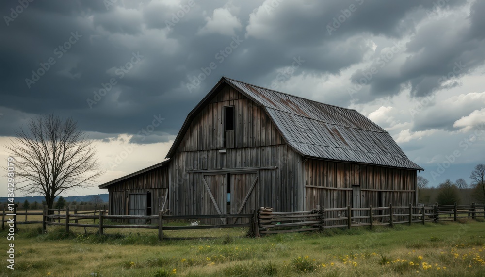 Charming Rustic Barn Surrounded by Dramatic Sky and Green Fields Charming Rustic Barn Surrounded by Dramatic Sky and Green Fields