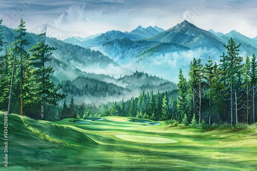 Scenic golf course painting with mountains trees and lush green fairway view