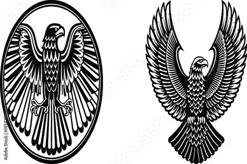 This vector illustration features a heraldic eagle with wings, a symbol often found in vintage coat of arms designs as an emblem of power