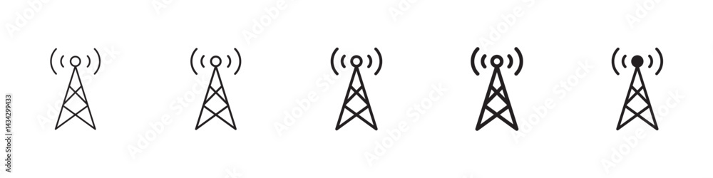 Broadcast tower icons in black outline, solid and colored style Broadcast tower icons in black outline, solid and colored style