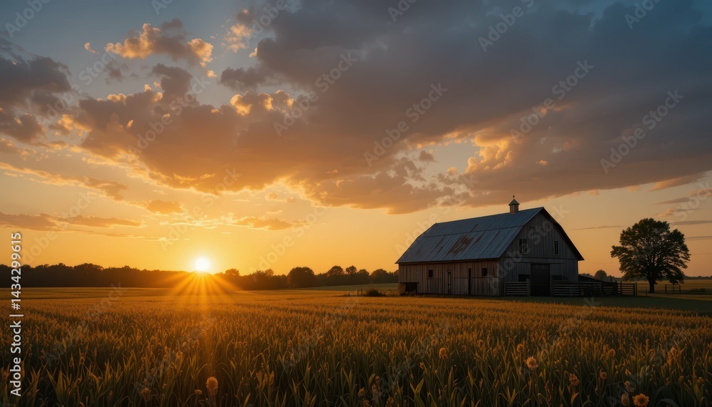 Serene Sunset Over Rustic Barn and Expansive Golden Fields Serene Sunset Over Rustic Barn and Expansive Golden Fields
