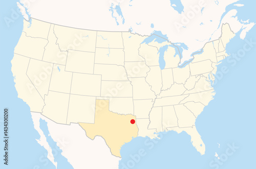 Location Map of the city Longview in Texas, USA. The state is marked orange and the city is highlighted with a red dot. No labels at all.