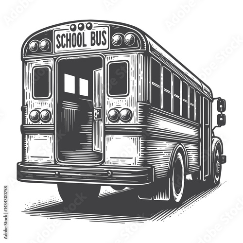 Vintage Hand-Drawn School Bus Rear View Illustration – Transportation Engraved Style Vector for T-Shirts, Posters, Stickers, and Automotive Apparel