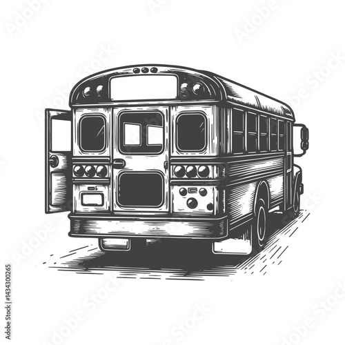 Vintage Hand-Drawn School Bus Rear View Illustration – Transportation Engraved Style Vector for T-Shirts, Posters, Stickers, and Automotive Apparel