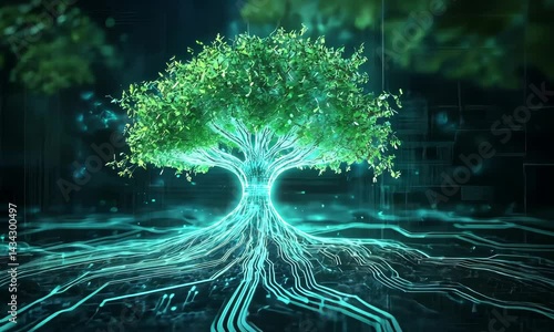 Futuristic tree with glowing roots illustrating technology and nature integration