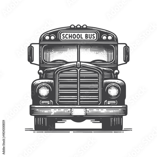 Vintage Hand-Drawn School Bus Front View Illustration – Transportation Engraved Style Vector for T-Shirts, Posters, Stickers, and Automotive Apparel