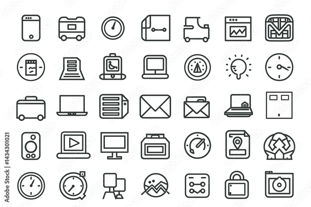 Outline icon set featuring common business travel and technology related symbols Outline icon set featuring common business travel and technology related symbols