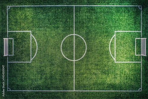 An aerial view of an empty green soccer field with white lines and goals