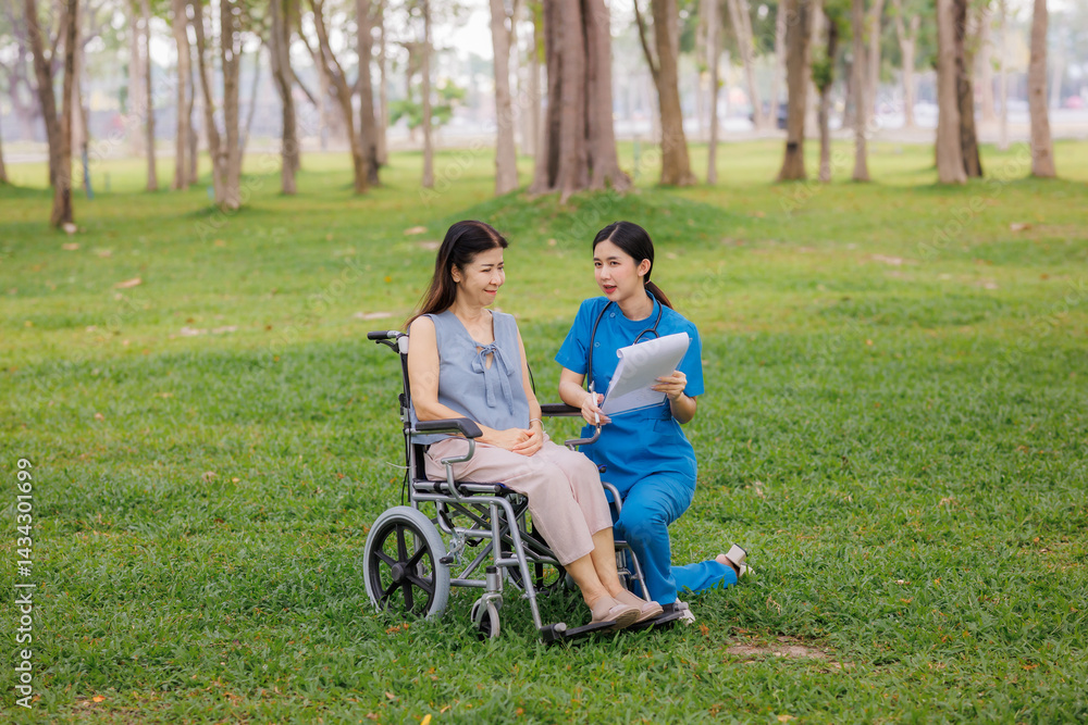 Amid the calming greenery of the hospital’s garden, a caring female physician provides thoughtful consultation and guidance on treatment for her patient. Amid the calming greenery of the hospital’s garden, a caring female physician provides thoughtful consultation and guidance on treatment for her patient.