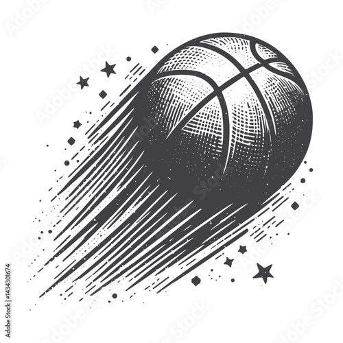 Vintage Hand-Drawn Basketball Flying Through Air Illustration – Sports Engraved Style Vector for T-Shirts, Posters, Stickers, and Athletic Apparel