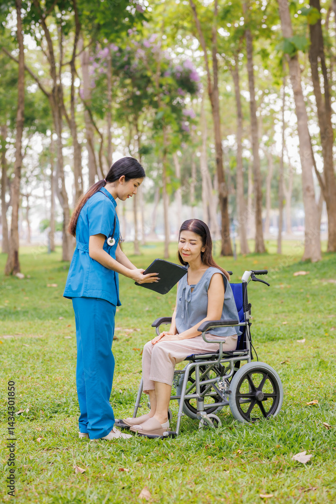 Amid the calming greenery of the hospital’s garden, a caring female physician provides thoughtful consultation and guidance on treatment for her patient. Amid the calming greenery of the hospital’s garden, a caring female physician provides thoughtful consultation and guidance on treatment for her patient.