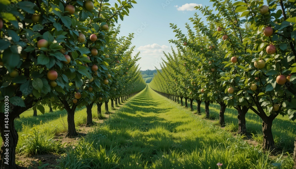 Fototapeta premium Lush Apple Orchard with Rows of Trees and Blue Sky Background