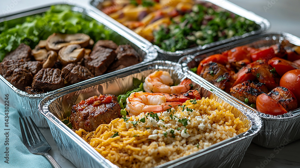 Foil Container Meal Prep Assortment Rice, Shrimp, Steak, Greens, Tomatoes, Chicken Foil Container Meal Prep Assortment Rice, Shrimp, Steak, Greens, Tomatoes, Chicken