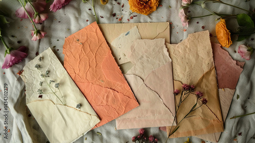Wallpaper Mural Artistic arrangement of handmade paper envelopes in soft pastel hues, adorned with delicate pressed flowers and scattered petals on a textured fabric. Torontodigital.ca