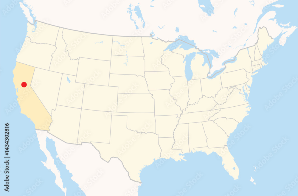 Obraz premium Location Map of the city Lincoln in California, USA. The state is marked orange and the city is highlighted with a red dot. No labels at all.
