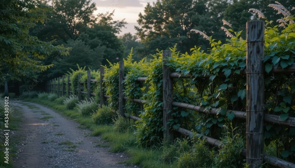 Fototapeta premium Serene Country Path with Lush Greenery and Wooden Fence at Sunrise