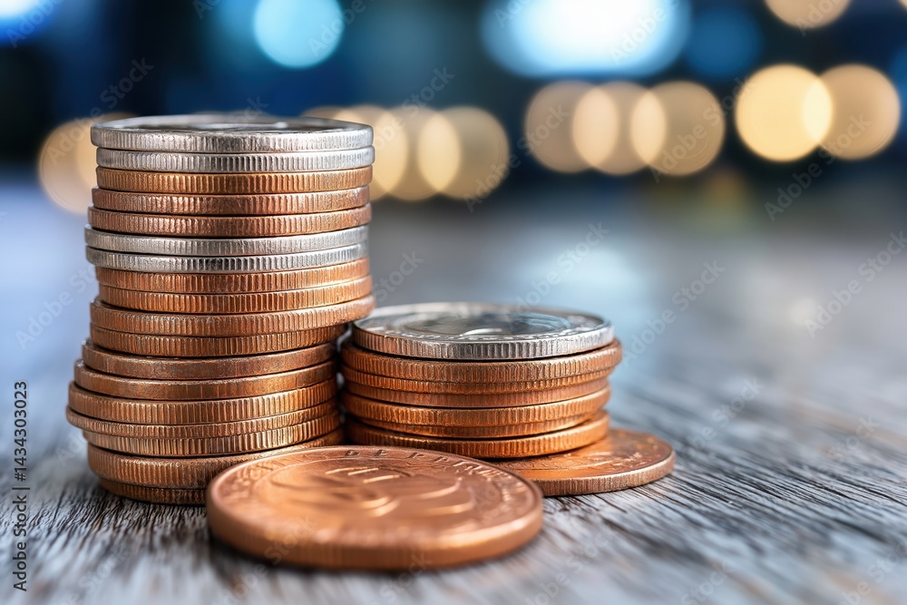 Close-up of stacked coins with blurred financial institution background illustrating savings and investment opportunities