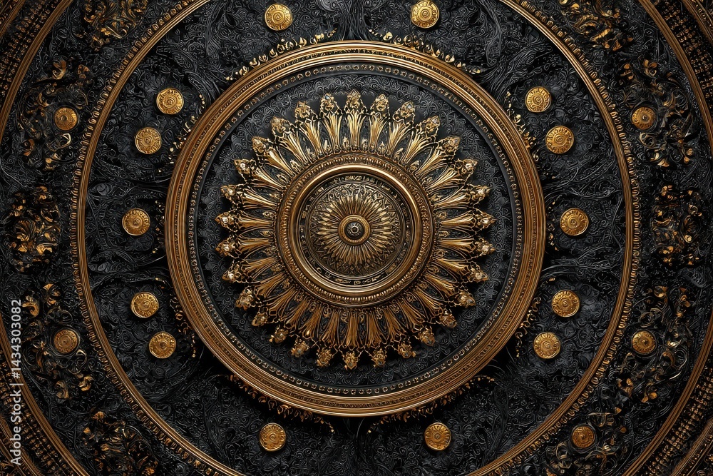 Fototapeta premium Intricate gold and black ceiling medallion. A stunning example of ornate design.