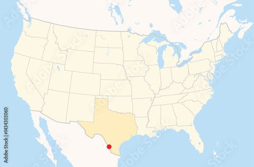 Location Map of the city Laredo in Texas, USA. The state is marked orange and the city is highlighted with a red dot. No labels at all.