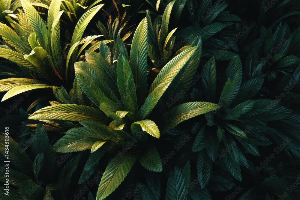 Fototapeta premium Lush green tropical foliage in the sunlight. Deep shadows and vibrant colors create a moody atmosphere.
