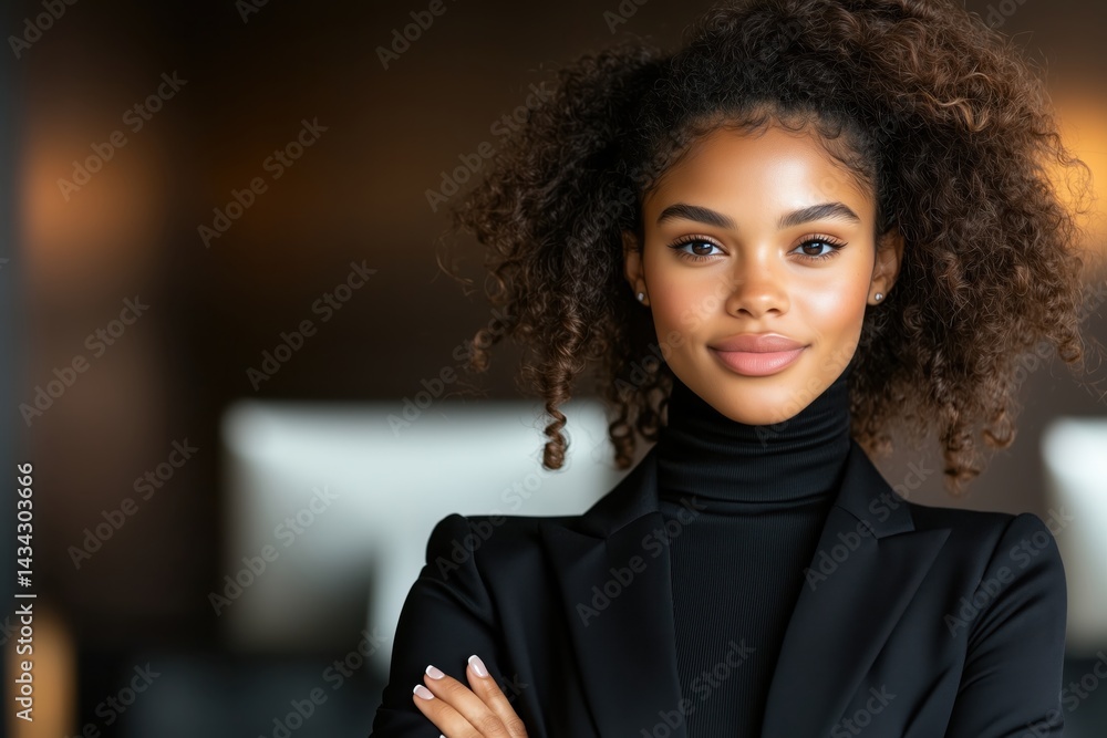 Stylish black businesswoman with poised expression in modern office setting during daytime