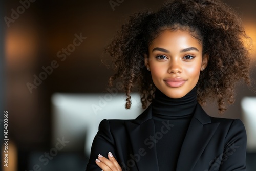 Obraz na płótnie Stylish black businesswoman with poised expression in modern office setting during daytime w salonie