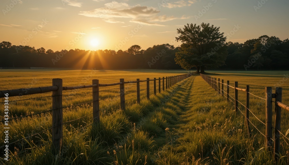 Obraz premium Serene Sunset Landscape with Fencing and Lush Green Grass