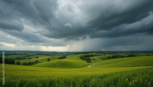 Wallpaper Mural Dramatic Storm Clouds Over Lush Green Fields in Rural Landscape Torontodigital.ca