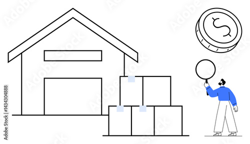 Large warehouse, organized boxes, individual pointing to a circular object, and a coin detailing monetary value. Ideal for logistics, supply chain management, finance, storage, business operations