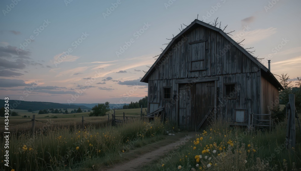 Obraz premium Rustic Wooden Barn at Dusk Surrounded by Rolling Green Fields
