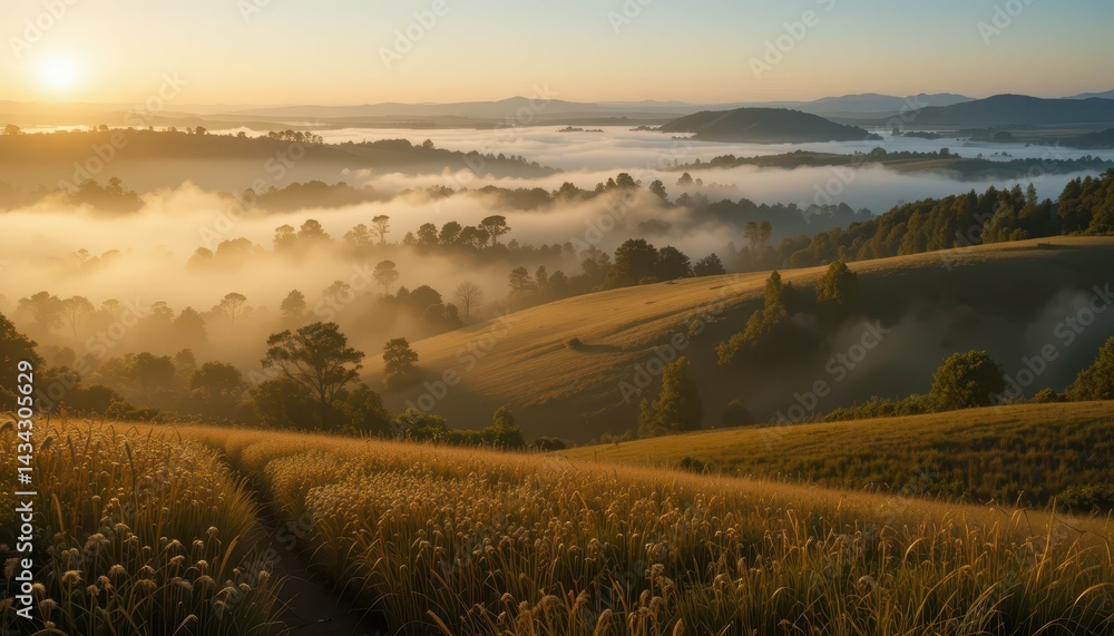 Obraz premium Serene Sunrise Over Misty Hills and Fields in Tranquil Landscape