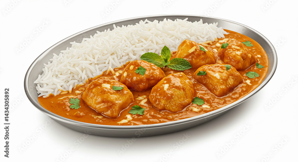 Chicken tikka masala with basmati rice, isolated on white background. Chicken tikka masala with basmati rice, isolated on white background.
