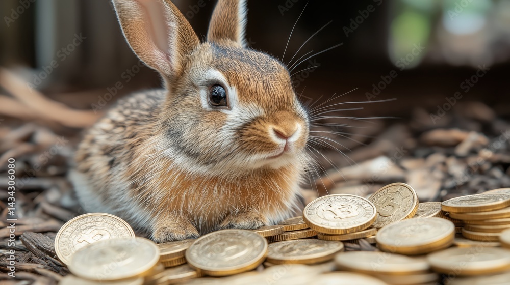 Curious rabbit rests on golden coins, symbolizing financial fortune and market unpredictability in a serene setting