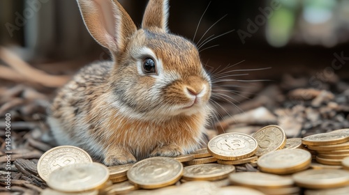 Obraz na płótnie Curious rabbit rests on golden coins, symbolizing financial fortune and market unpredictability in a serene setting w salonie