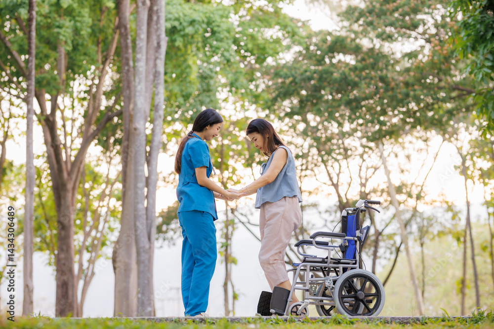A devoted female physician lovingly cares for her elderly wheelchair-bound patient, offering support and attention with the warmth of a family member. A devoted female physician lovingly cares for her elderly wheelchair-bound patient, offering support and attention with the warmth of a family member.