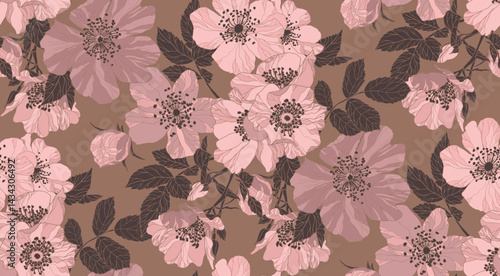 Colored mocha mousse pattern of rose flowers and leaves, repeating pattern, artistic like wallpaper.